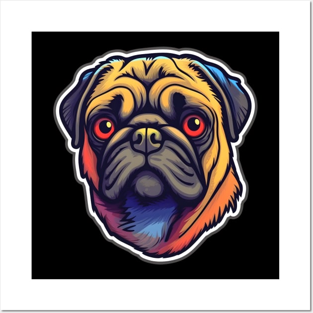 Colorful pug head with red eyes Wall Art by Clearmind Arts